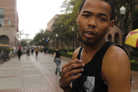 Anthony Thomas, a student at Santa Monica College, was detained for an hour after trying to leave Saturday's party. (Aaron Liu/ Neon Tommy) Anthony Thomas, a student at Santa Monica College, was detained for an hour after trying to leave Saturday's party. (Aaron Liu/ Neon Tommy)