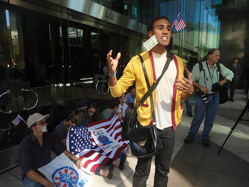 Groce at a 99Rise action at Citigroup in October.  (Courtesy of Alex Stevens)