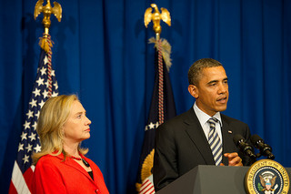 Obama and Secretary of State Hillary Clinton while the president spoke on Burma in 2011.  (Flickr Creative Commons)