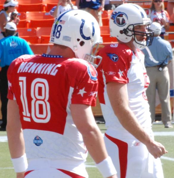 Peyton Manning and Kerry Collins in 2009. (Michele Moore/Wikimedia Commons)