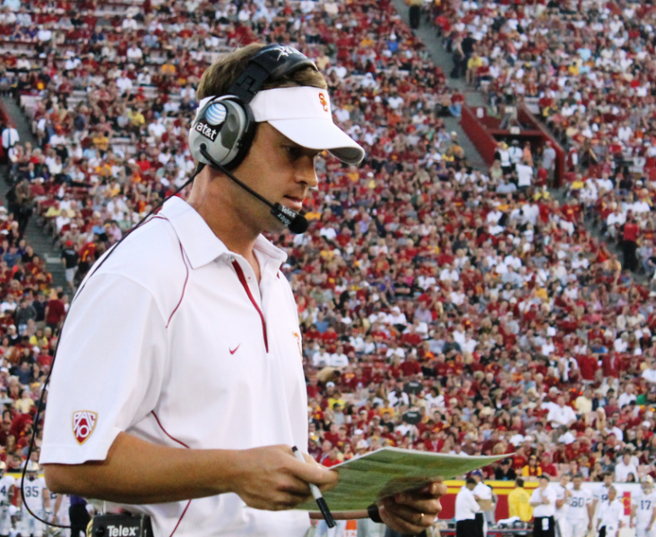 Coach Kiffin only stuck around practice for one question Wednesday. (Shotgun Spratling/NT)