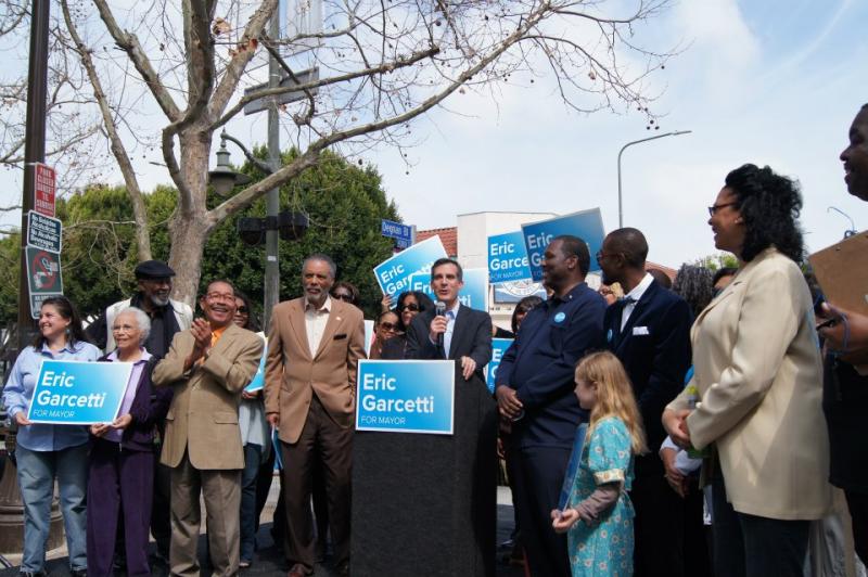 All three African American members of the L.A. City Council rallied with Garcetti in Leimert Park Saturday (Garcetti for Mayor/Facebook).