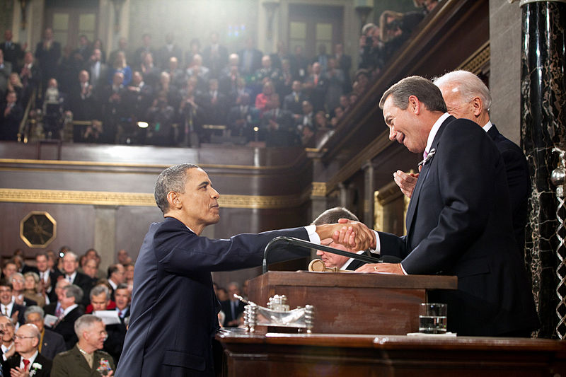 Obama and Boehner shake hands before the 2011 State of the Union Address (Wikimedia Commons)