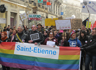 A gay marriage rally held in Lyon in January. Protests for and against gay marriage and adoption have become frequent since President Francois Holland promised to legalize it. (Max xx/Creative Commons)