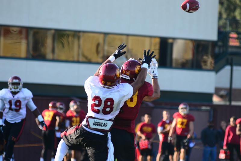 Competition is fierce on both sides of the ball after spring practice hits its midway point. (Charles Magovern/Neon Tommy)