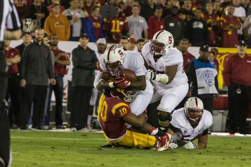Stanford's running game pounded USC for 219 yards, but USC was resolute in the fourth quarter when it mattered most. (Benjamin Dunn/Neon Tommy)