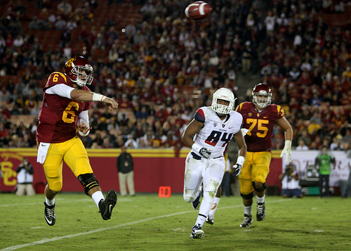 USC QB Cody Kessler was on the run against Arizona, and will have to escape Notre Dame's aggressive pass rush. (Kevin Tsukii/Neon Tommy)