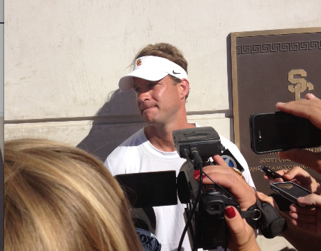 Lane Kiffin addresses the media after Sunday's practice. (Max Meyer/Neon Tommy) Lane Kiffin addresses the media after Sunday's practice. (Max Meyer/Neon Tommy)