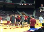 USC huddles follow the team's practice. (Alex Wowra/Neon Tommy)