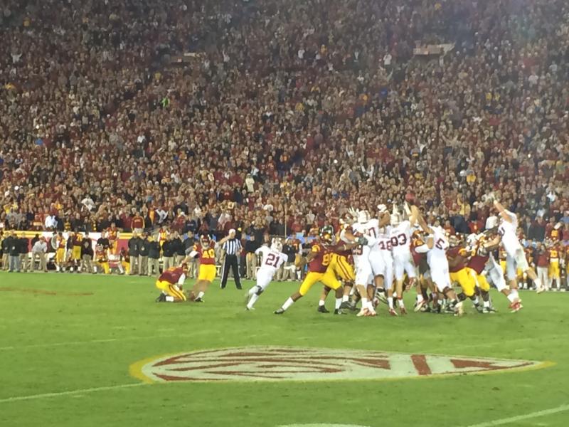 After missing an extra point, Andre Heidari's last-minute 46-yarder was true. (Jacob Freedman/Neon Tommy)