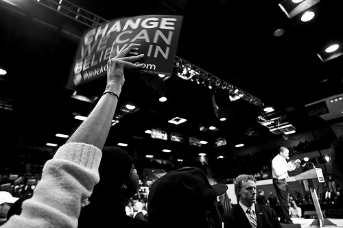 Obama (background) speaking at a rally in South Carolina (Creative Commons).