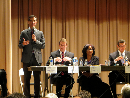 L.A. mayoral candidates Eric Garcetti, Kevin James, Jan Perry and Emanuel Pleitez, Feb. 12, 2013 (Creative Commons). L.A. mayoral candidates Eric Garcetti, Kevin James, Jan Perry and Emanuel Pleitez, Feb. 12, 2013 (Creative Commons).