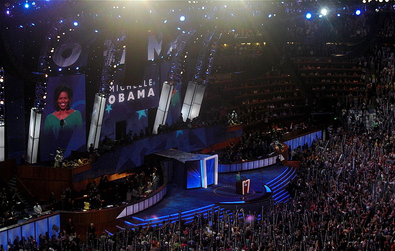 Now first lady Michelle Obama spoke at the 2008 DNC. She's scheduled to address the crowd on "feel-good" Tuesday night this year. (Wikimedia Commons)