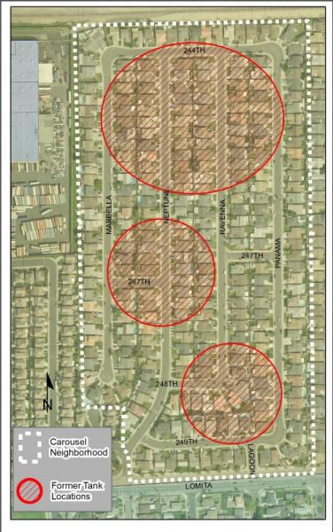 Map of the Carousel neighbhorhood in Carson with Oil Tank Locations (Courtesy of Creative Commons)