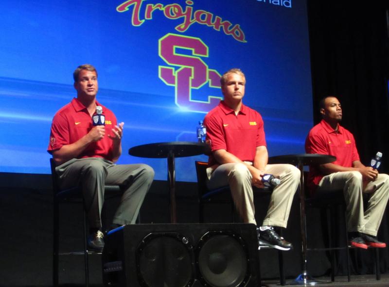  Head coach Lane Kiffin, Matt Barkley and T.J. McDonald address reporters at Pac-12 Media Day. (Danny Lee/Neon Tommy)