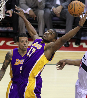 After posting a triple-double in Game 1, Bynum contributed 27 points and 9 rebounds, Tuesday. (Keith Allison/Creative Commons)