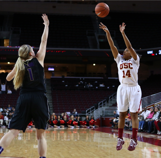 Ariya Crook converted 6-of-10 three-point attempts Friday. (Jon Kondrath/USC Athletics)