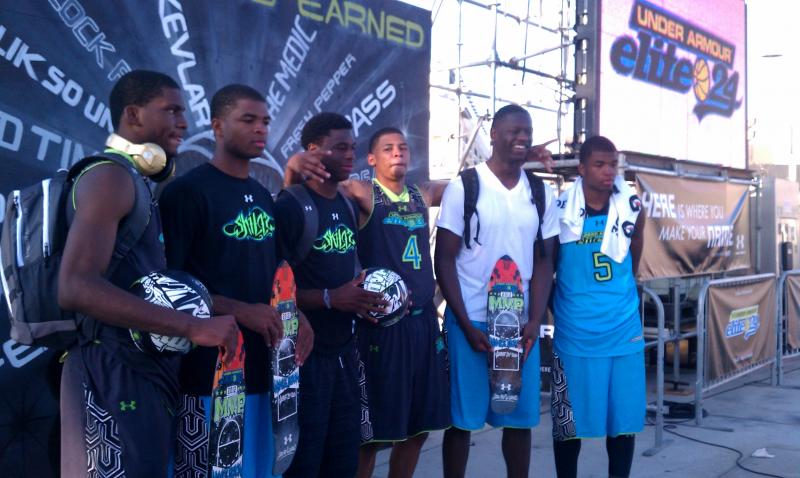 Winslow (left) was joined by Aaron Harrison (second from left) and Julius Randle (second from right) as players who took MVP skateboards. (Salomon Fuentes/Neon Tommy)