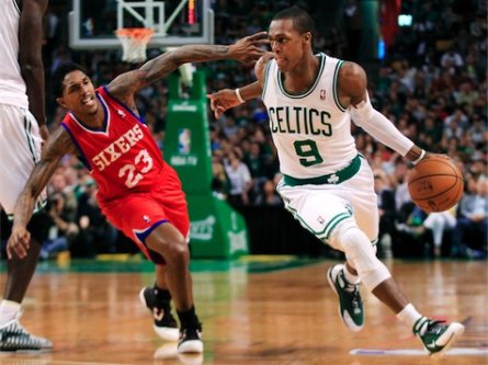 Rajon Rondo playing against the 76ers (courtesy AP)