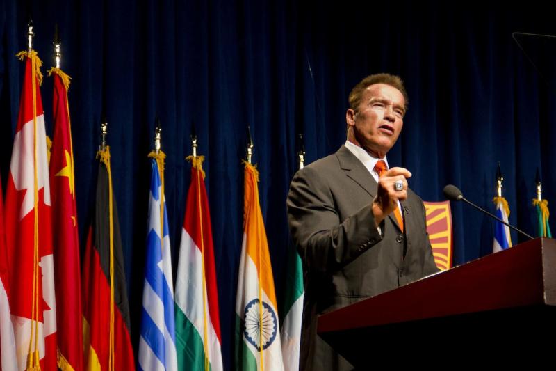 Former California Gov. Arnold Schwarzenegger highlighted a panel discussion addressing partisanship in politics Monday at USC's Tutor Campus Center. (Rosa Trieu/Neon Tommy)