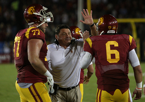 Players are taking a liking to Coach Orgeron's boisterous, loving style. (Kevin Tsukii/Neon Tommy)