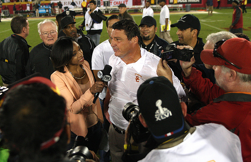 Orgeron, soaked in a celebratory Gatorade bath, is unapologetic and unselfish. (Kevin Tsukii/Neon Tommy)