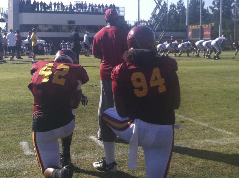 Devon Kennard and Leonard Williams are taking it easy half way through fall camp, in an attempt to prevent injury. (Jeremy Bergman/Neon Tommy)