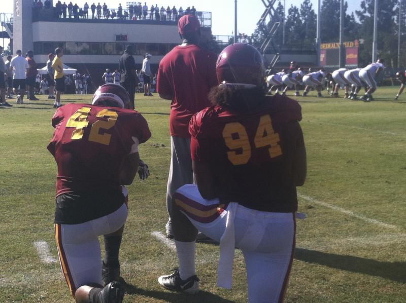 Devon Kennard and Leonard Williams are taking it easy half way through fall camp, in an attempt to prevent injury. (Jeremy Bergman/Neon Tommy) Devon Kennard and Leonard Williams are taking it easy half way through fall camp, in an attempt to prevent injury. (Jeremy Bergman/Neon Tommy)