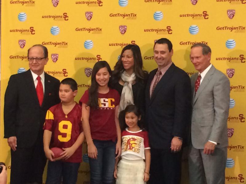 Steve Sarkisian and his family join USC Ad Pat Haden and President Max Nikias. (Jacob Freedman/Neon Tommy)