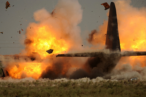 An image of a similar plane, a C-130 Hercules aircraft, exploding in Iraq in 2008.  