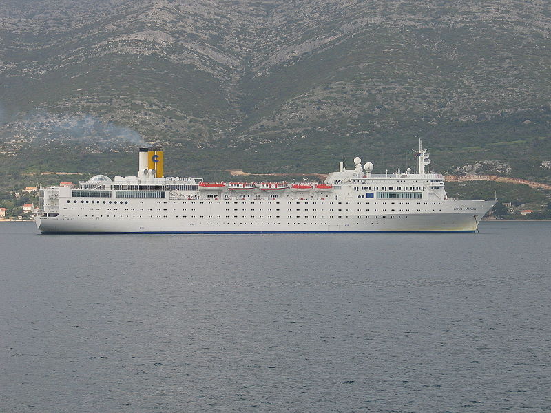 Following an engine room fire, the Costa Allegra is being towed to a small island near the Seychelles (Wikimedia Commons) Following an engine room fire, the Costa Allegra is being towed to a small island near the Seychelles (Wikimedia Commons)