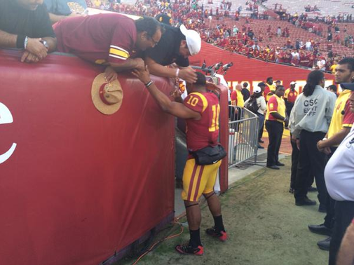 USC senior linebacker Hayes Pullard after the win over Notre Dame. (Max Meyer, Neon Tommy)