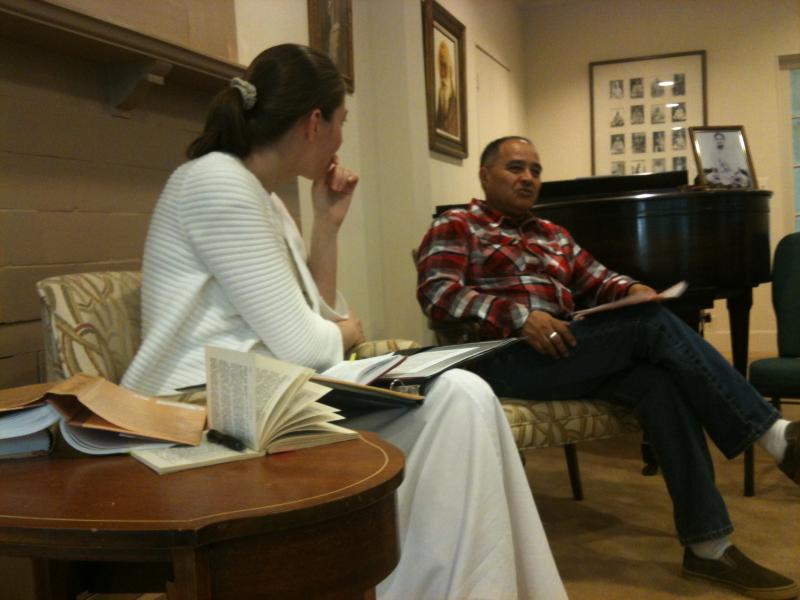 Sister Jayanti Listens Fracisco Garcia before translating his comments into English for the rest of the bilingual Bhagavad Gita class. (Megan Sweas) 