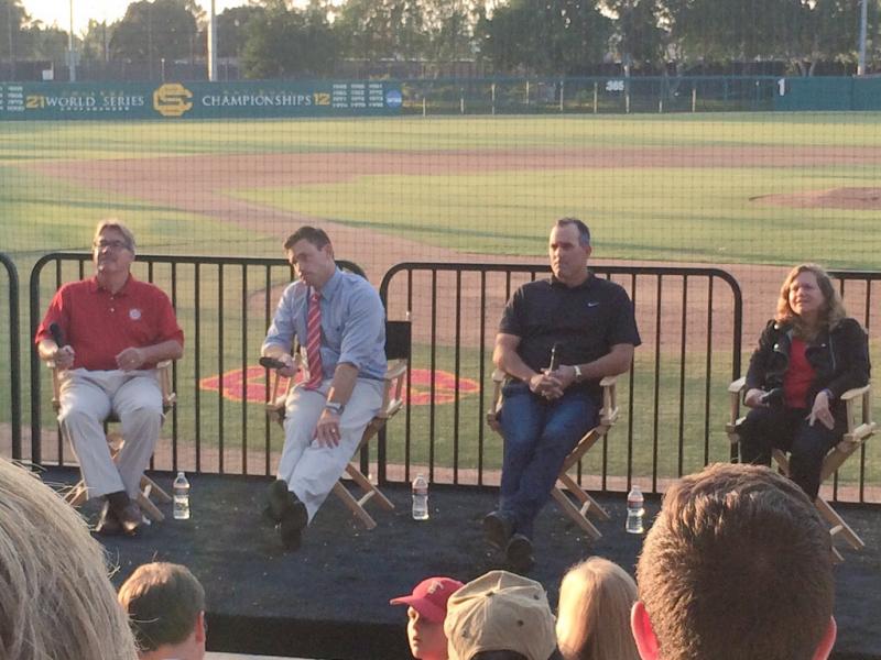 The panel of (L to R) House, Gamradt, Nen and McNitt-Gray speaks at Dedeaux Field (Evan Budrovich/Neon Tommy).