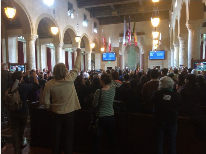 (Los Angeles residents and anti-fracking supporters celebrate the passing of the City of Los Angeles Fracking Moratorium Friday morning/Zoe Ward)