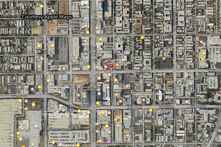 Location of where the Laemmle Lofts will be located in Glendale. (Screenshot of Apple Maps.)