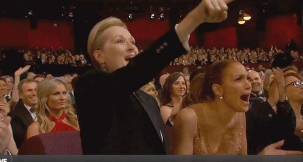 Meryl Streep and Jennifer Lopez showed strong support for Patricia Arquette's Oscars speech (Twitter/@ELLEmagazine). Meryl Streep and Jennifer Lopez showed strong support for Patricia Arquette's Oscars speech (Twitter/@ELLEmagazine).