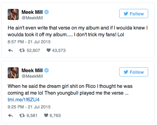 Meek Mill utilized his "Twitter fingers" toward Drake (Screenshot).