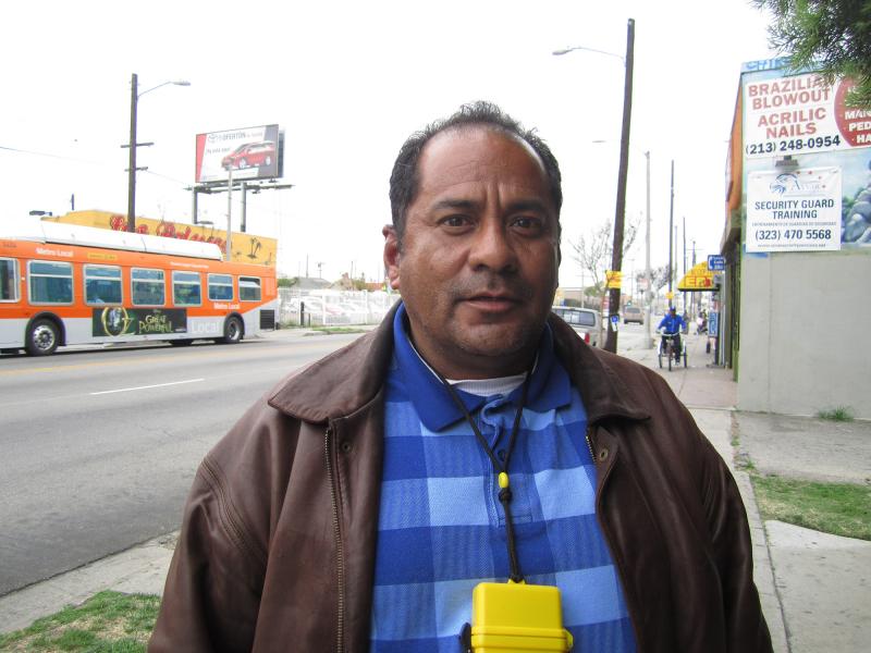 Carlos Salas outside a polling station in South Central (Evie Liu/Neon Tommy). Carlos Salas outside a polling station in South Central (Evie Liu/Neon Tommy).