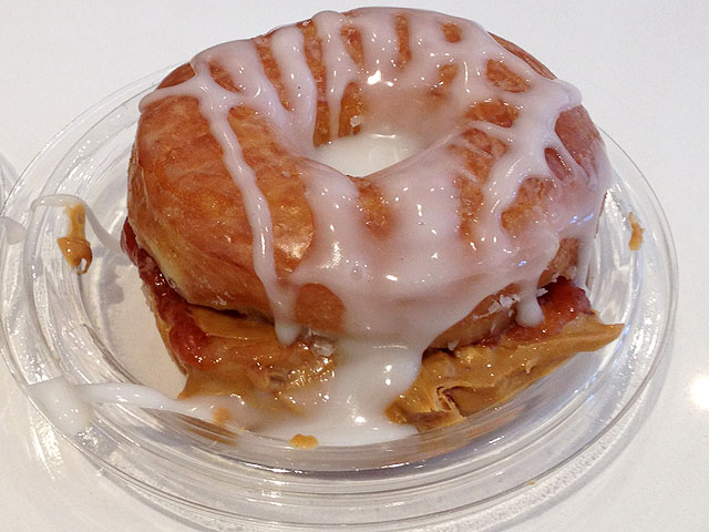 "Drive Like Jelly," a combination of strawberry jam and peanut butter inside a traditional donut, is just one of the unique combos featured at Donut Friend (Kelli Shiroma / Neon Tommy).