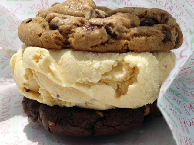 The "Cookie Sandwich" is just one of the decadent treats you can get at Sprinkles Ice Cream (Kelli Shiroma / Neon Tommy).