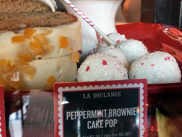 The “Peppermint Brownie Cake Pops” and “Gingerbread Loaf” are just some of the seasonal treats at Starbucks (Kelli Shiroma / Neon Tommy).