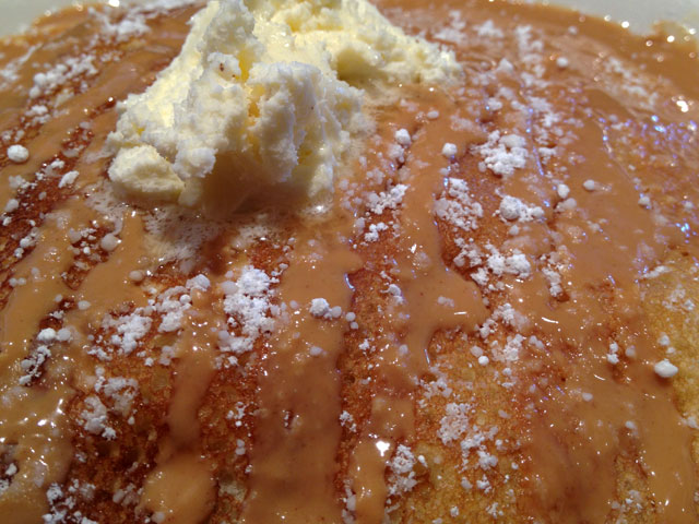 This “Pudgie Elvis” features decadent peanut butter-topped pancakes sans bananas (Kelli Shiroma / Neon Tommy). 