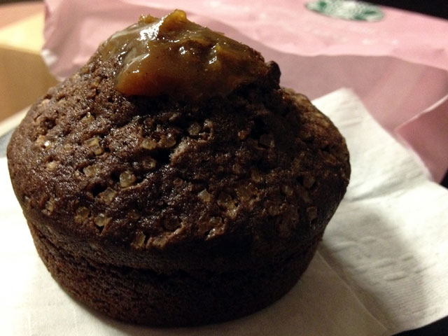 The “Chocolate Caramel Muffin” from Starbucks features a great blend of chocolate, caramely goodness (Kelli Shiroma / Neon Tommy). 