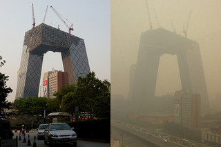 The CCTV Headquarters in Beijing on a good day and on a bad/ Alejandro Perez- Creative Commons