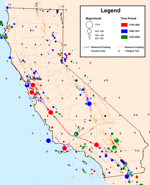 The fault lines and previous earthquakes in California (via the Department of Conservation).