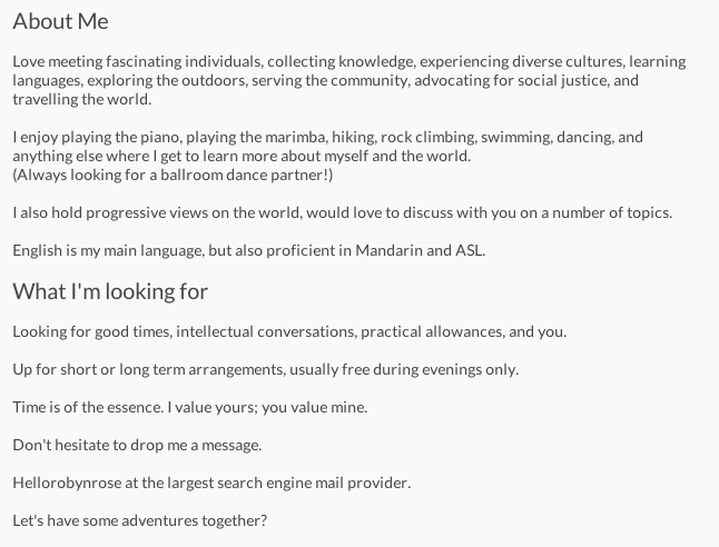 Part of Robyn's profile on the Seeking Arrangement website. (Screengrab)