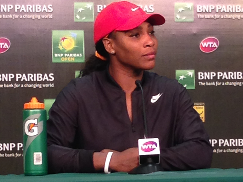 Serena Williams talks to press following win over Monica Niculescu (Bryce Christian)