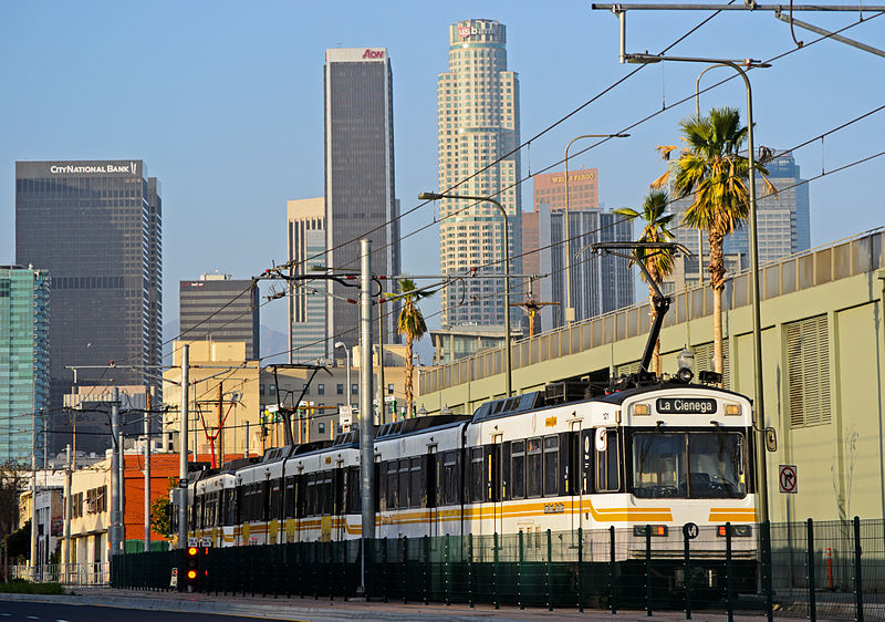 An Expo Line light rail on Flower Street. (JulieAndSteve, Creative Commons) An Expo Line light rail on Flower Street. (JulieAndSteve, Creative Commons)