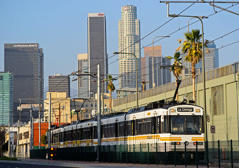 An Expo Line light rail on Flower Street. (JulieAndSteve, Creative Commons)